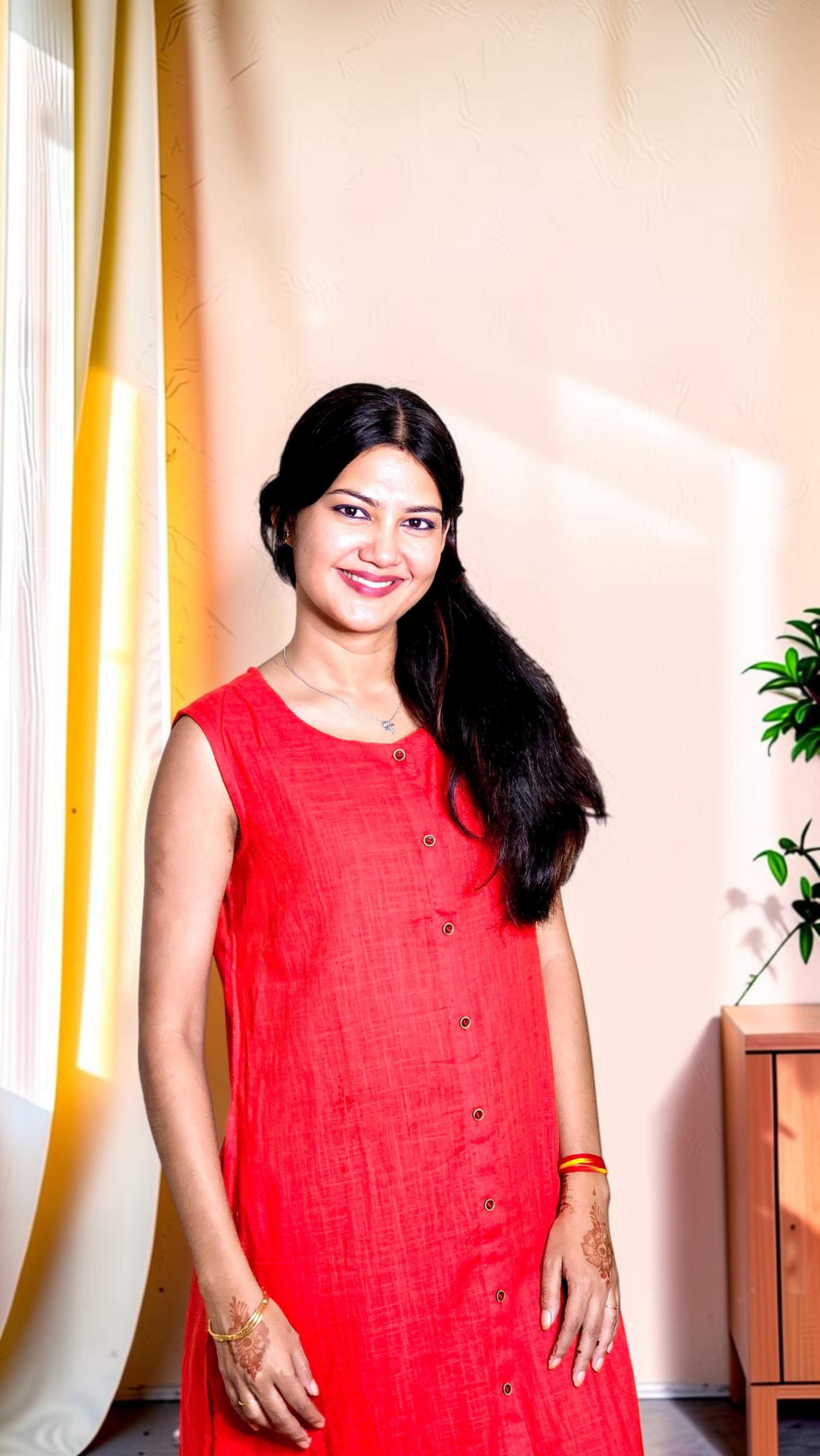 Ruvisha – Coral Red Slub Khadi Kurta & Black Embroidered Palazzo Set - Image 3
