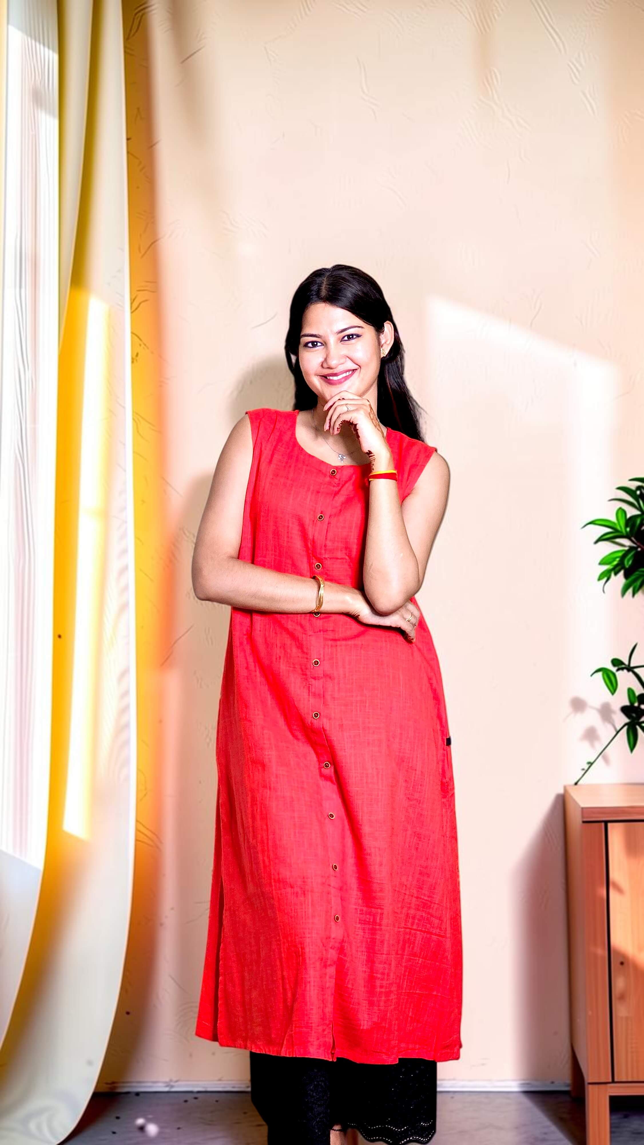 Ruvisha – Coral Red Slub Khadi Kurta & Black Embroidered Palazzo Set - Image 4