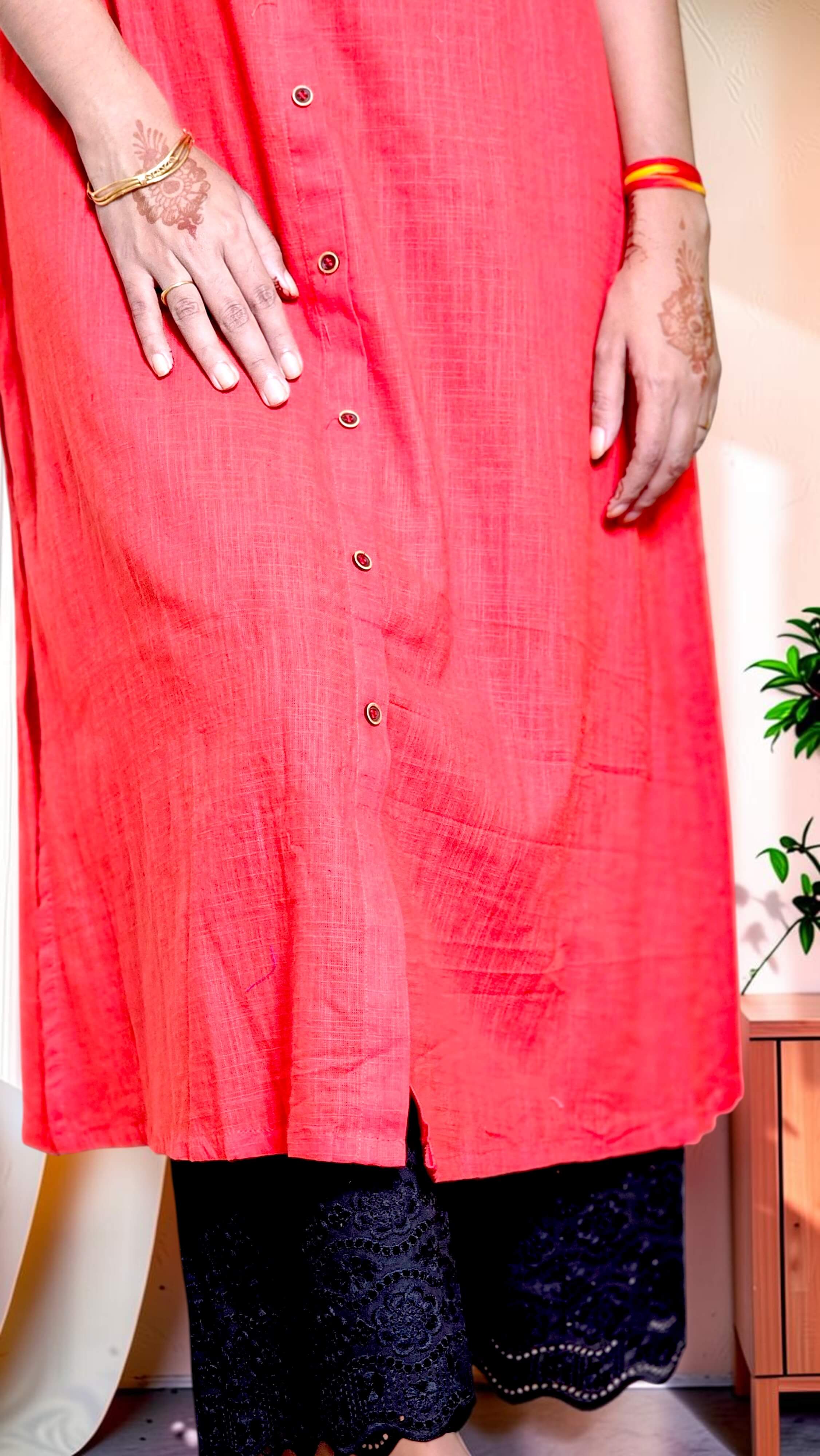 Ruvisha – Coral Red Slub Khadi Kurta & Black Embroidered Palazzo Set - Image 6